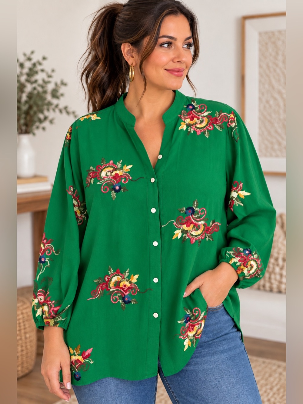 Kindred XL Emerald Green Embroidered Boho Button Front Blouse